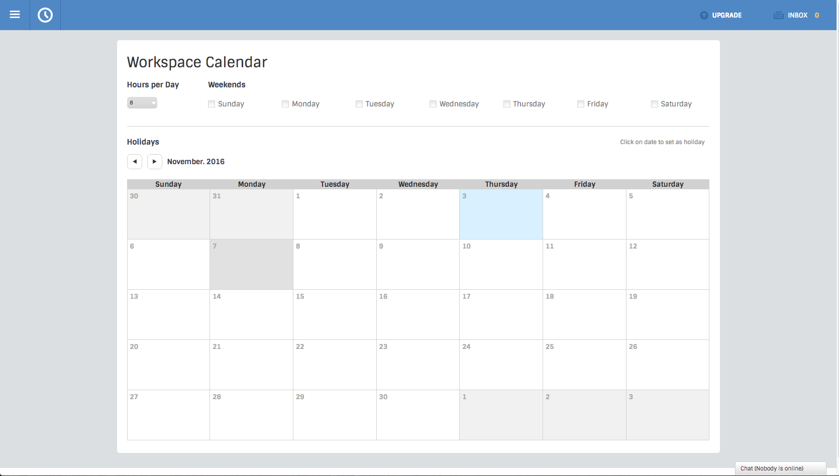 Workspace Calendar page screenshot